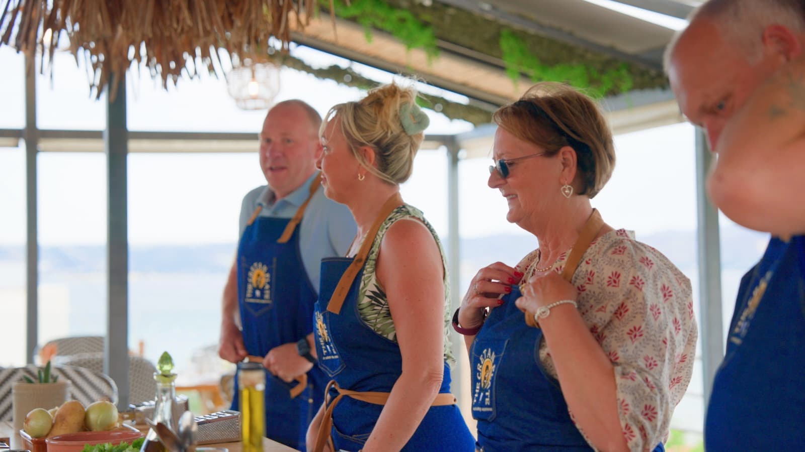 Guests eating together at the long table